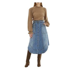 ULLA JOHNSON Arden Denim Midi Skirt Size 6 High Waist Round Hem Stretch Ret $405